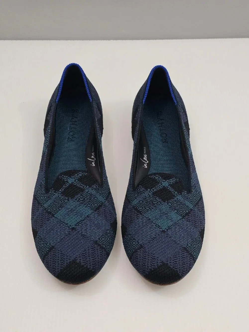 Rothy's The Loafer Flats Womens 8.5 Navy Plaid Knit Washable Slip On Preppy NEW